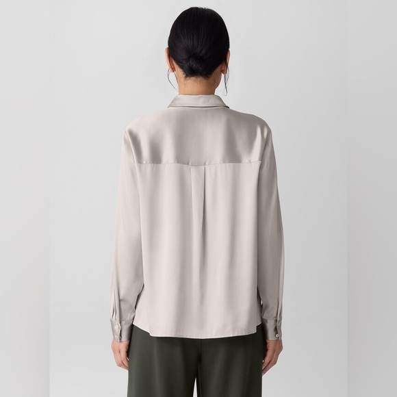 NWT Eileen Fisher Stretch Silk Charmeuse Classic Collar Shirt in Chalk - Picture 4 of 11